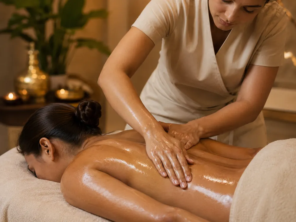 Abhyangam warm oil massage in a close-up therapy-focused style