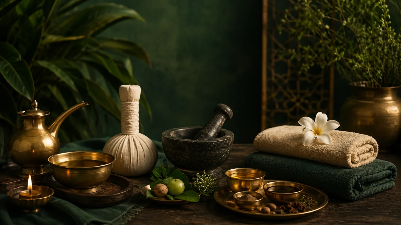 Luxury Ayurveda wellness sanctuary with herbal oils and calming spa ambience