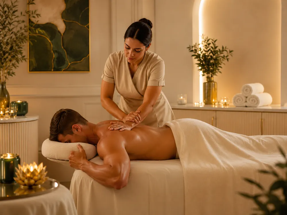 Head and shoulder massage focused on neck and upper back relief