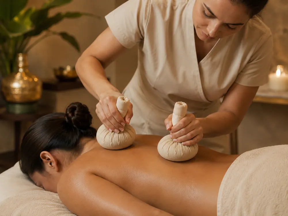 Herbal poti massage with warm herbal compresses in a close-up therapy-focused style