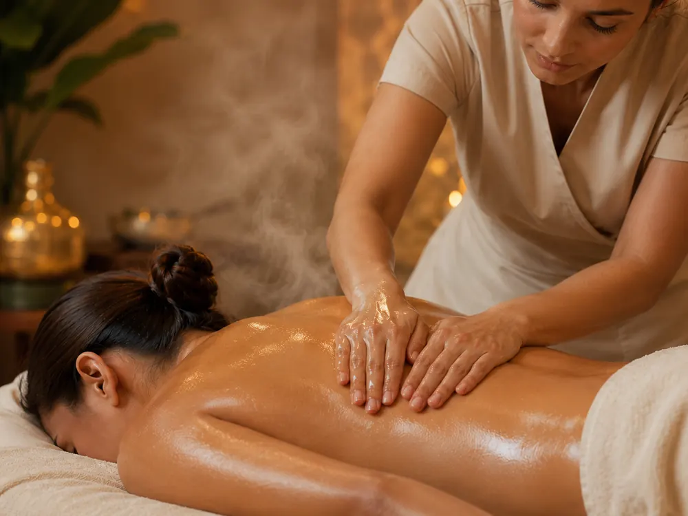 Hot oil relaxation massage with steam in a close-up therapy-focused style