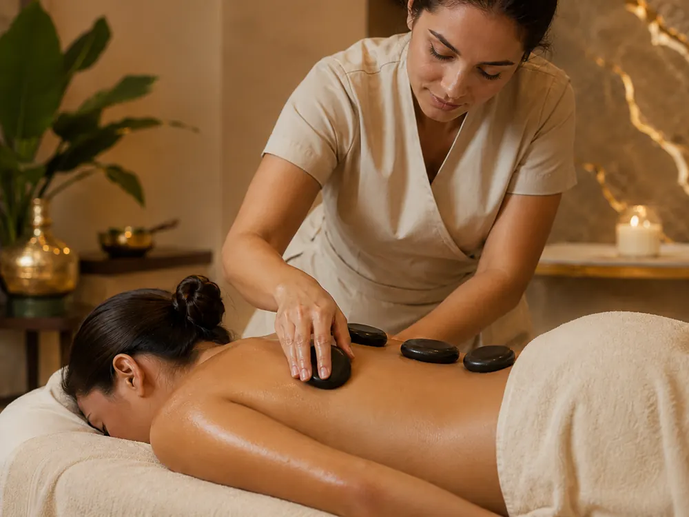 Hot stone therapy session with basalt stones