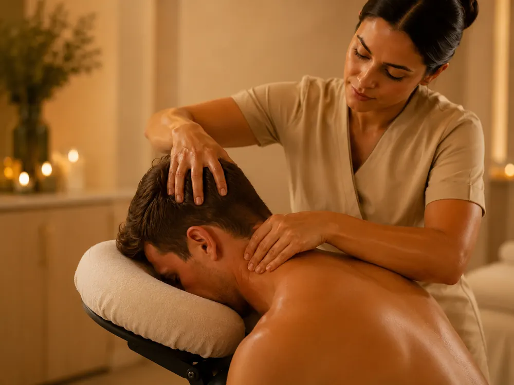 Indian head massage in a close-up therapy-focused style
