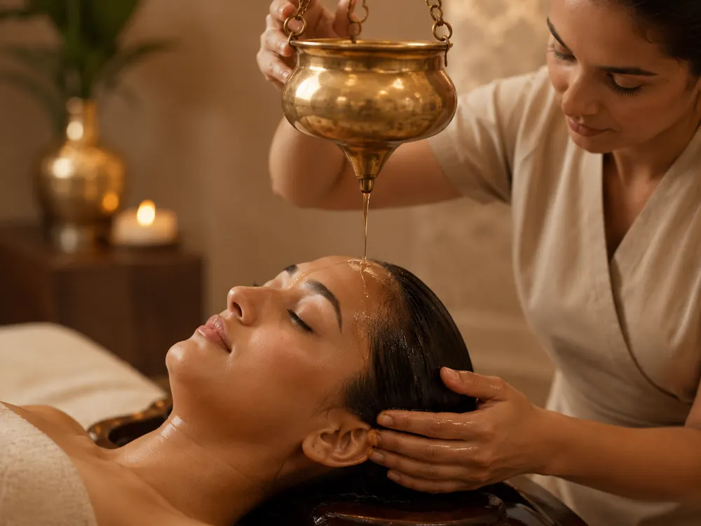 Shirodhara oil pour therapy in a close-up therapy-focused style
